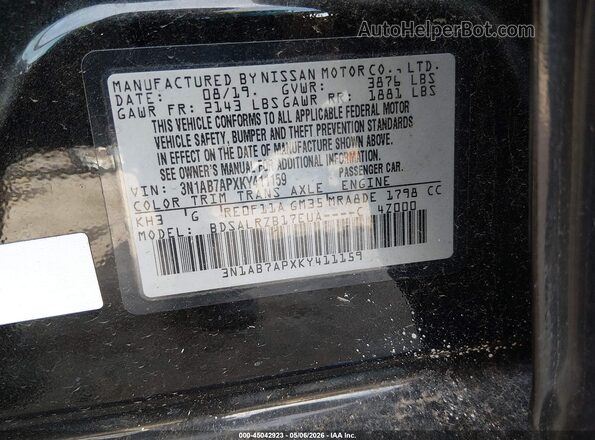 3N1AB7APXKY411159 2019 NISSAN SENTRA Black 