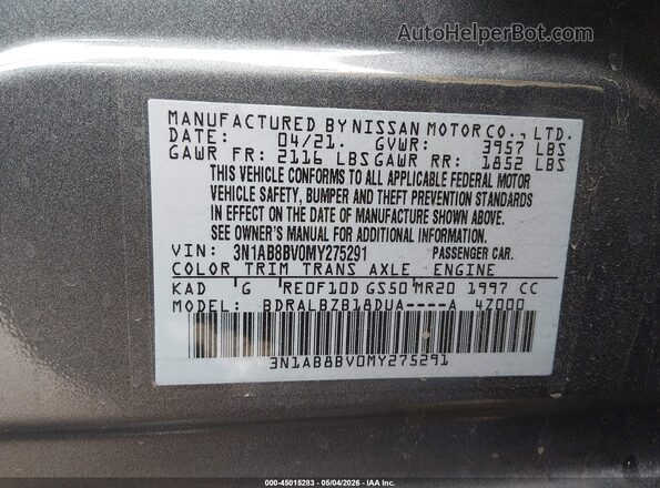 3N1AB8BV0MY275291 2021 NISSAN SENTRA Gray ძრავის განყოფილების ხედი