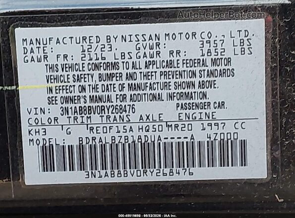 3N1AB8BV0RY268476 2024 NISSAN SENTRA Black Вид підкапотного простору