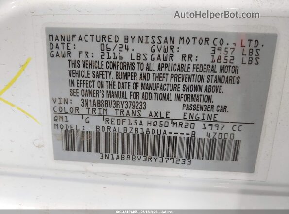 3N1AB8BV3RY379233 2024 NISSAN SENTRA White Engine compartment view