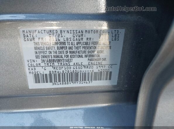 3N1AB8BV9MY314637 2021 NISSAN SENTRA Gray 