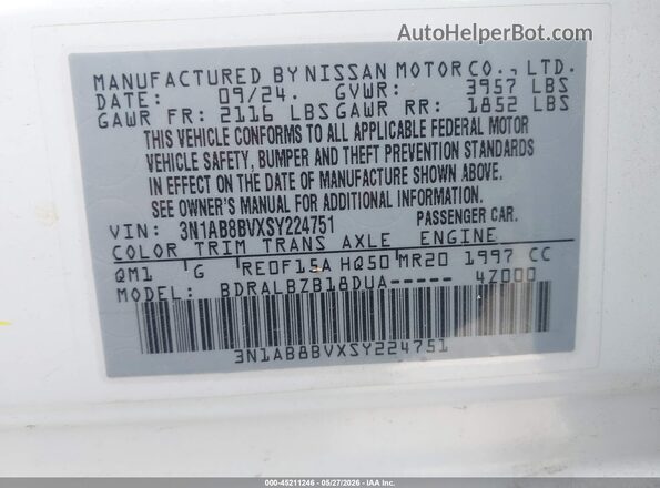3N1AB8BVXSY224751 2025 NISSAN SENTRA White 
