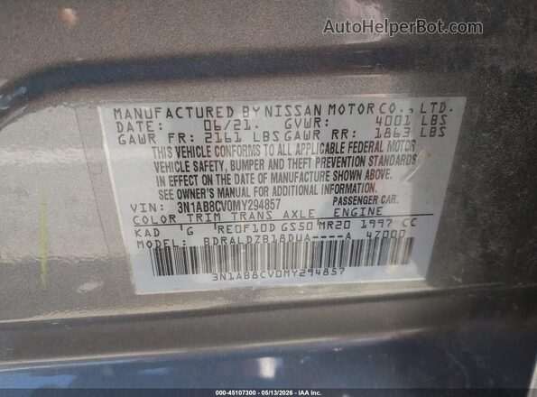 3N1AB8CV0MY294857 2021 NISSAN SENTRA Gray Widok komory silnika