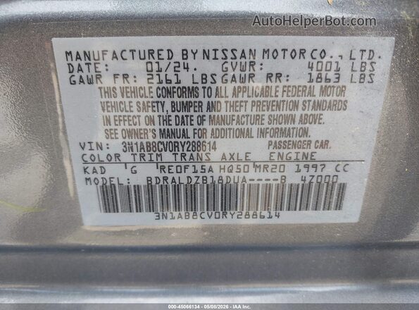 3N1AB8CV0RY288614 2024 NISSAN SENTRA Серый 