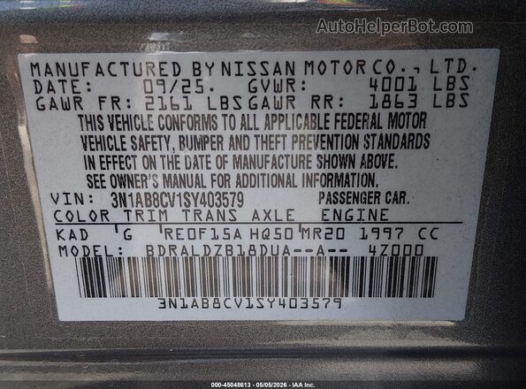 3N1AB8CV1SY403579 2025 NISSAN SENTRA Gray Вид підкапотного простору