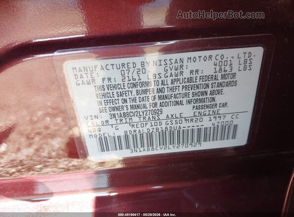 3N1AB8CV2LY270929 2020 NISSAN SENTRA Maroon Շարժիչի բաժամունքի տեսք