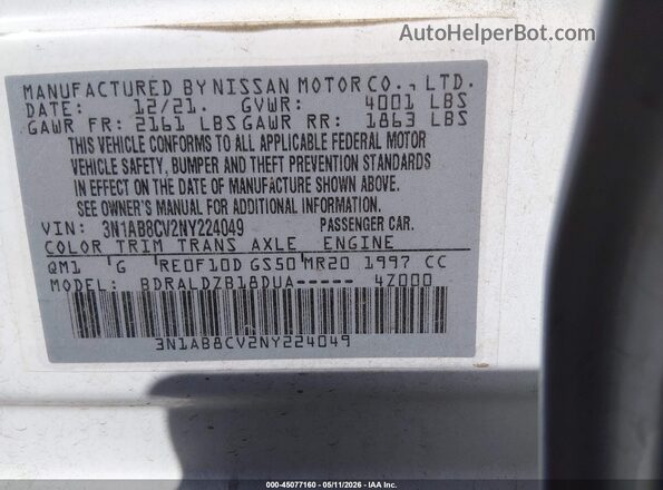 3N1AB8CV2NY224049 2022 NISSAN SENTRA White ძრავის განყოფილების ხედი