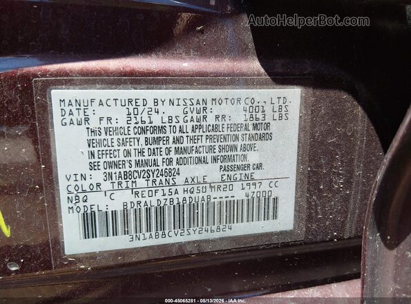3N1AB8CV2SY246824 2025 NISSAN SENTRA Red Widok komory silnika