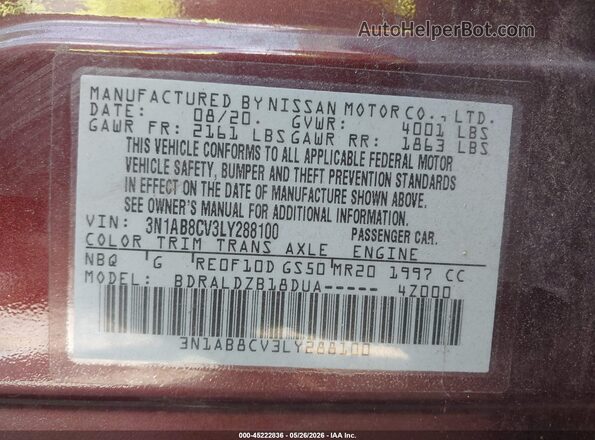3N1AB8CV3LY288100 2020 NISSAN SENTRA Burgundy Widok komory silnika
