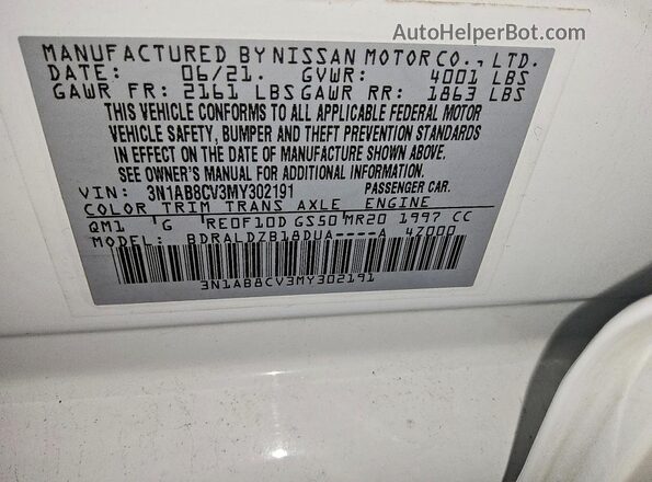 3N1AB8CV3MY302191 2021 NISSAN SENTRA White Widok komory silnika