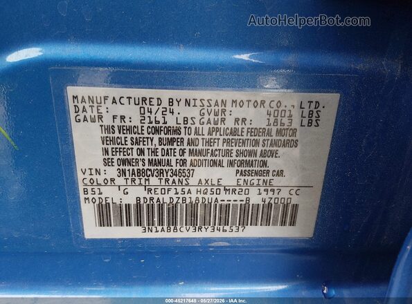 3N1AB8CV3RY346537 2024 NISSAN SENTRA Blue Շարժիչի բաժամունքի տեսք