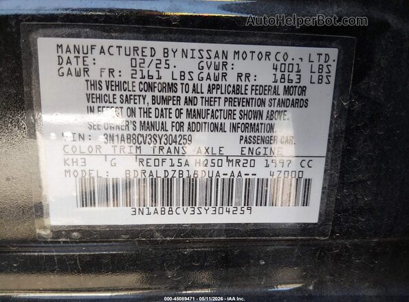 3N1AB8CV3SY304259 2025 NISSAN SENTRA Черный 