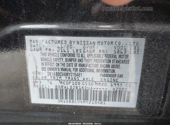 3N1AB8CV4MY215481 2021 NISSAN SENTRA Black Widok komory silnika