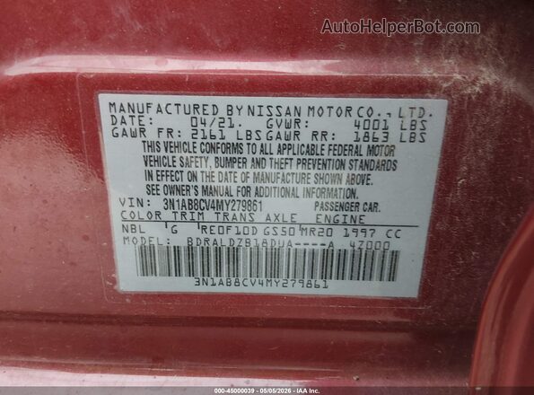 3N1AB8CV4MY279861 2021 NISSAN SENTRA Red ძრავის განყოფილების ხედი