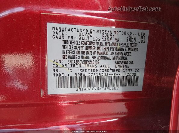 3N1AB8CV5NY240102 2022 NISSAN SENTRA Maroon 