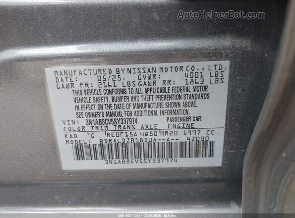 3N1AB8CV5SY337974 2025 NISSAN SENTRA Gray ძრავის განყოფილების ხედი