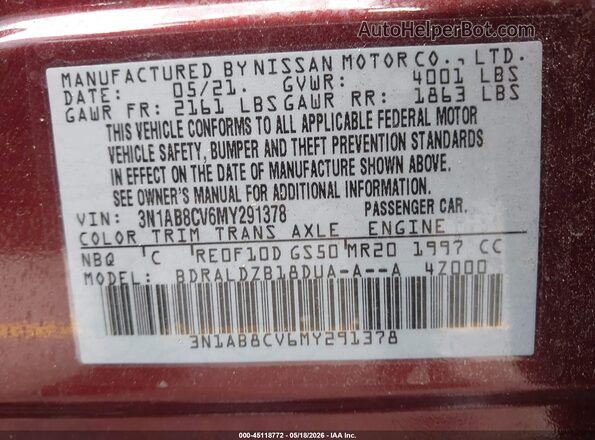 3N1AB8CV6MY291378 2021 NISSAN SENTRA Burgundy Widok komory silnika