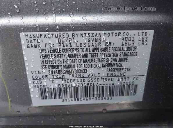 3N1AB8CV6MY303433 2021 NISSAN SENTRA Gray Շարժիչի բաժամունքի տեսք
