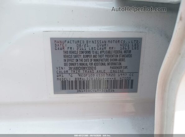 3N1AB8CV6MY326016 2021 NISSAN SENTRA White Widok komory silnika