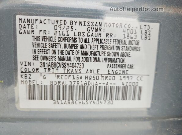 3N1AB8CV6SY404730 2025 NISSAN SENTRA Blue VIN კოდის სტიკერის ხედი