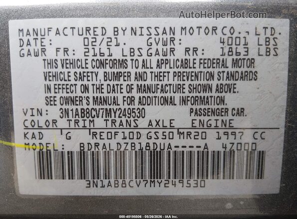 3N1AB8CV7MY249530 2021 NISSAN SENTRA Gray Շարժիչի բաժամունքի տեսք
