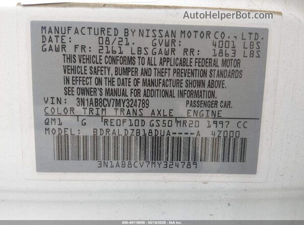 3N1AB8CV7MY324789 2021 NISSAN SENTRA White Vista del compartimento del motor