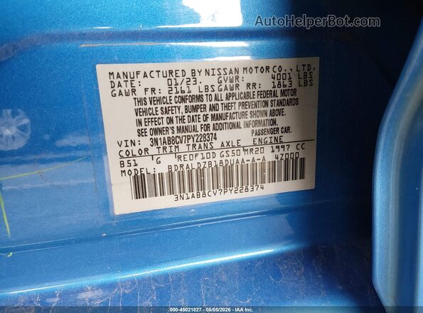 3N1AB8CV7PY228374 2023 NISSAN SENTRA Blue Widok komory silnika