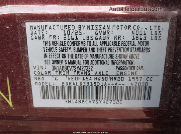 3N1AB8CV7SY427322 2025 NISSAN SENTRA Темно-бордовый 