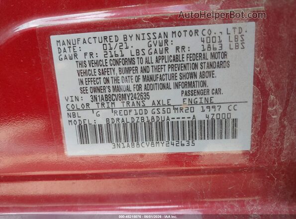 3N1AB8CV8MY242635 2021 NISSAN SENTRA Burgundy Вид підкапотного простору