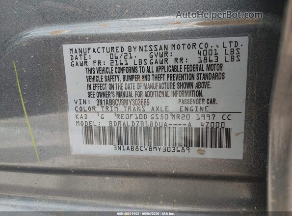 3N1AB8CV8MY303689 2021 NISSAN SENTRA Gray ძრავის განყოფილების ხედი