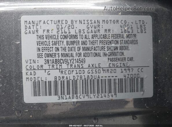3N1AB8CV9LY214549 2020 NISSAN SENTRA Gray Widok komory silnika