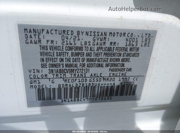 3N1AB8CV9MY272131 2021 NISSAN SENTRA White Widok komory silnika