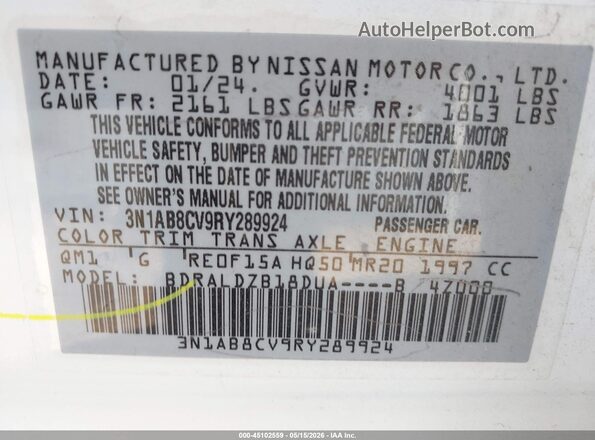 3N1AB8CV9RY289924 2024 NISSAN SENTRA White Вид підкапотного простору