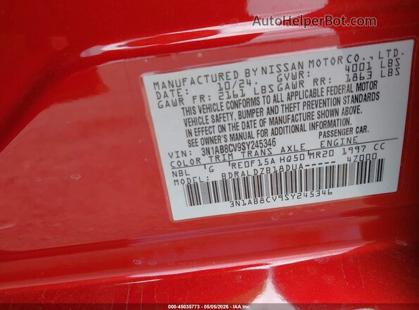 3N1AB8CV9SY245346 2025 NISSAN SENTRA Красный Вид подкапотного пространства