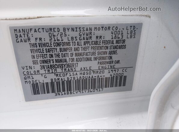 3N1AB8CV9SY360917 2025 NISSAN SENTRA Белый Вид подкапотного пространства