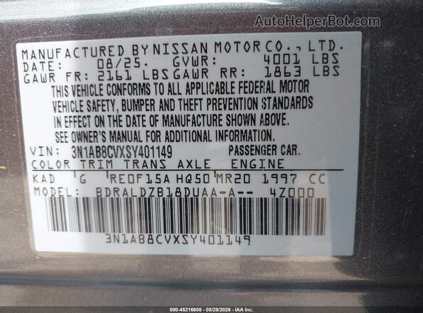 3N1AB8CVXSY401149 2025 NISSAN SENTRA Gray Widok komory silnika