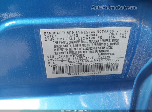 3N1AB8DV0MY203035 2021 NISSAN SENTRA Blue 