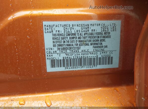 3N1AB8DV3RY331597 2024 NISSAN SENTRA Orange Շարժիչի բաժամունքի տեսք