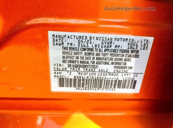 3N1AB8DV6MY270531 2021 NISSAN SENTRA Orange Widok komory silnika