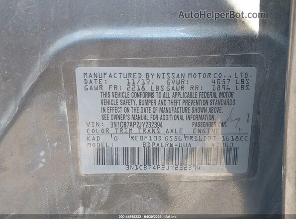 3N1CB7AP2JY232394 2018 NISSAN SENTRA Серый 