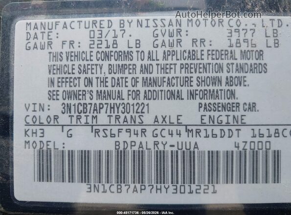 3N1CB7AP7HY301221 2017 NISSAN SENTRA Black Widok komory silnika