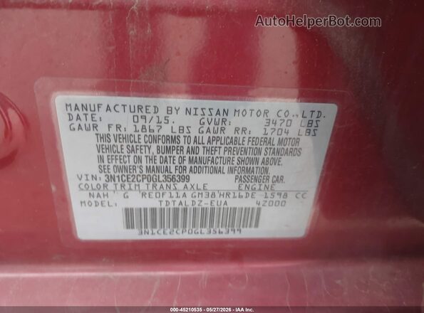 3N1CE2CP0GL356399 2016 NISSAN VERSA NOTE Red Շարժիչի բաժամունքի տեսք