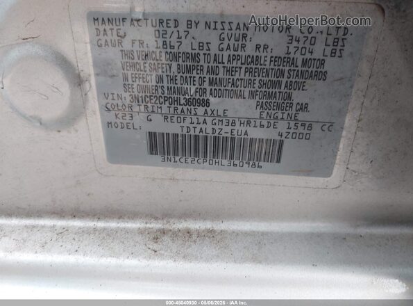 3N1CE2CP0HL360986 2017 NISSAN VERSA NOTE Silver Widok komory silnika