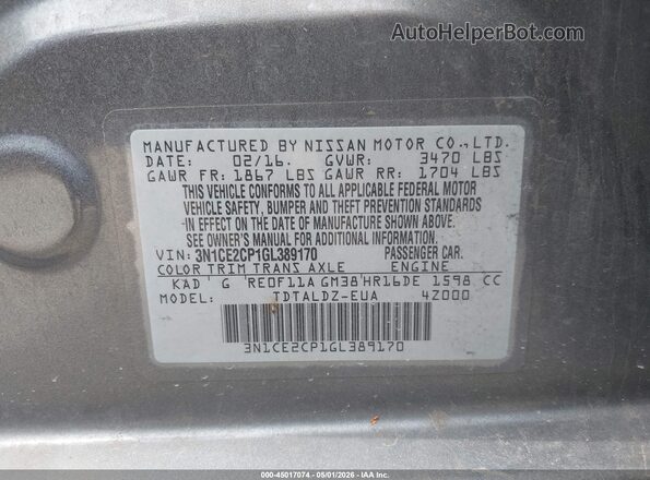 3N1CE2CP1GL389170 2016 NISSAN VERSA NOTE Silver ძრავის განყოფილების ხედი