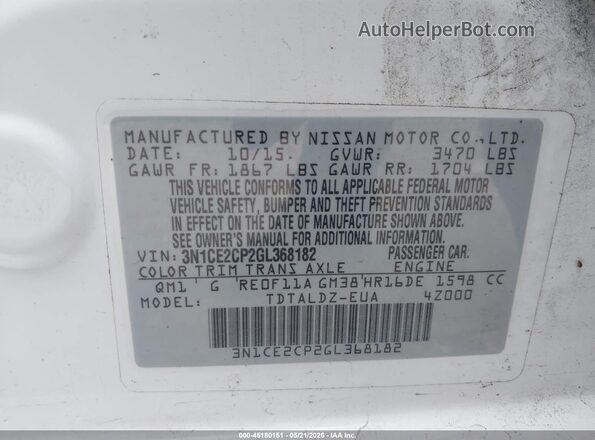 3N1CE2CP2GL368182 2016 NISSAN VERSA NOTE White Engine compartment view
