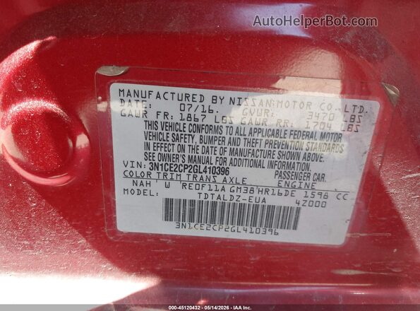 3N1CE2CP2GL410396 2016 NISSAN VERSA NOTE Red Vista del compartimento del motor