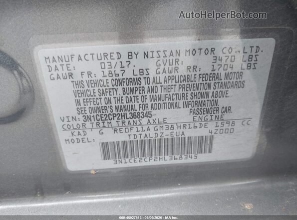 3N1CE2CP2HL368345 2017 NISSAN VERSA NOTE Gray Vista del compartimento del motor