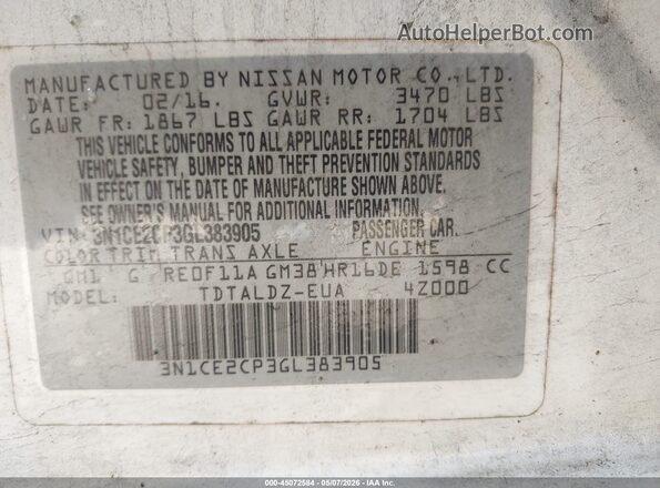 3N1CE2CP3GL383905 2016 NISSAN VERSA NOTE White 