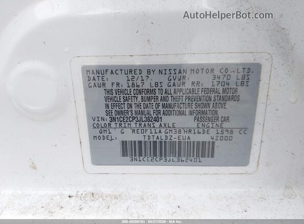 3N1CE2CP3JL362401 2018 NISSAN VERSA NOTE White Vista del compartimento del motor