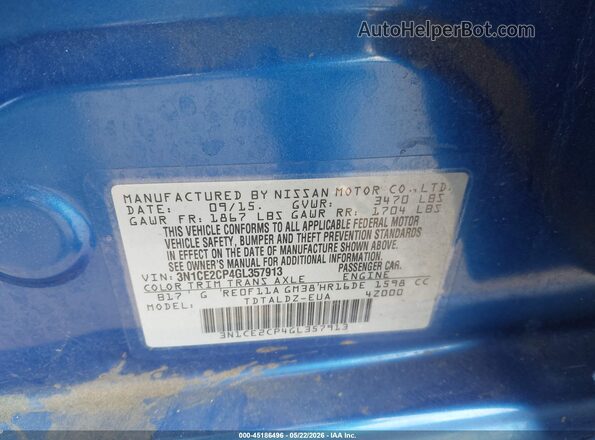 3N1CE2CP4GL357913 2016 NISSAN VERSA NOTE Blue 
